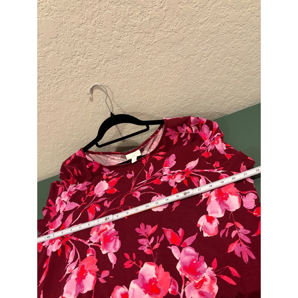 J. Jill Burgundy Pink Floral Short Sleeve Midi Dress Pockets Size L Shift Knit - Picture 6 of 7